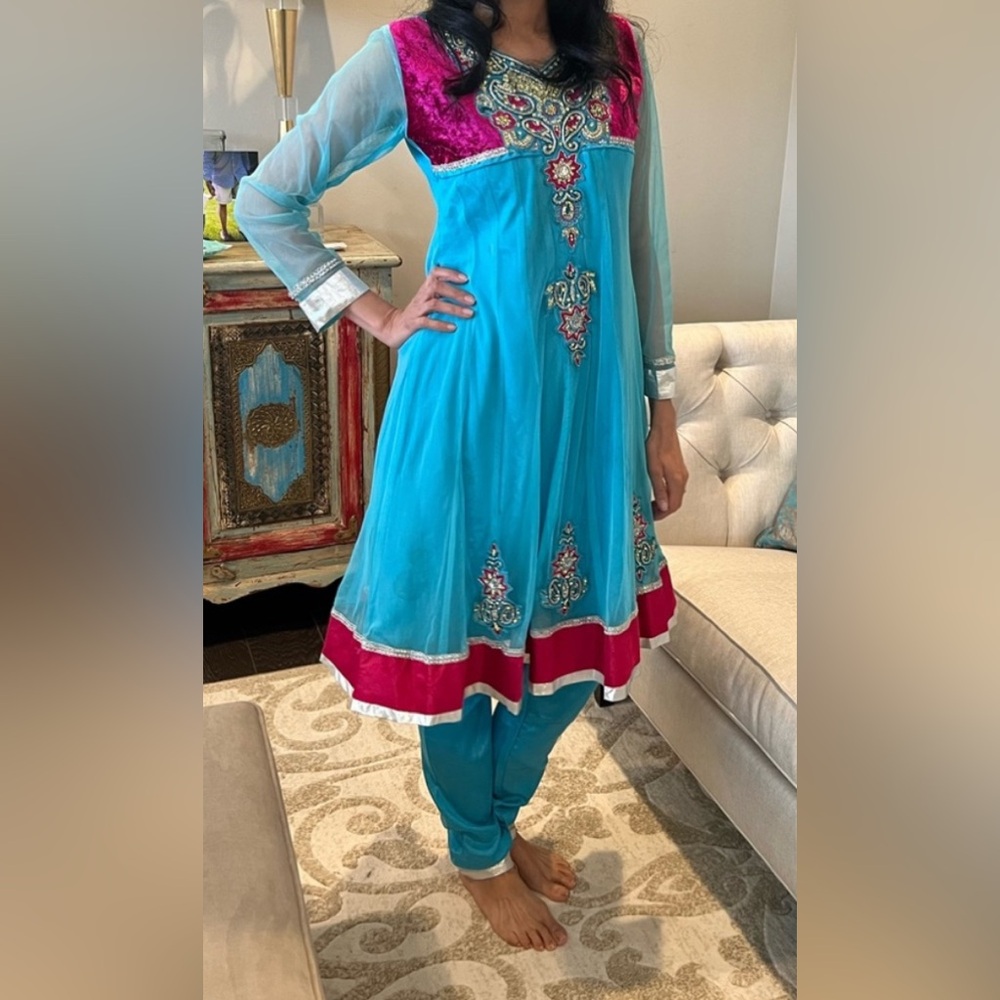 Vibrant Blue and Pink Embroidered Dress shalwar kameez Indian